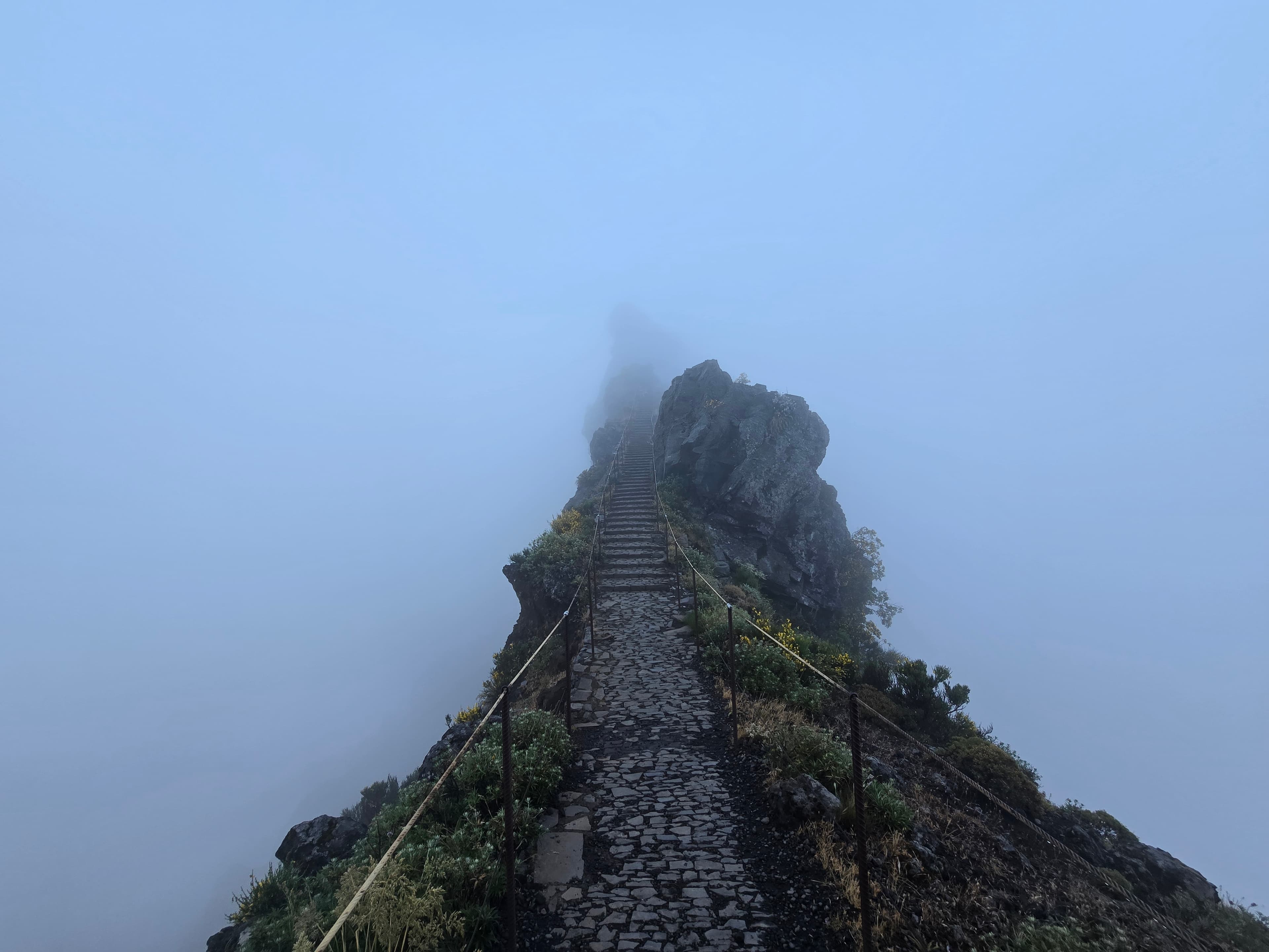 Stairway to Heaven trail at Pico do Arieiro in Madeira surrounded by mist